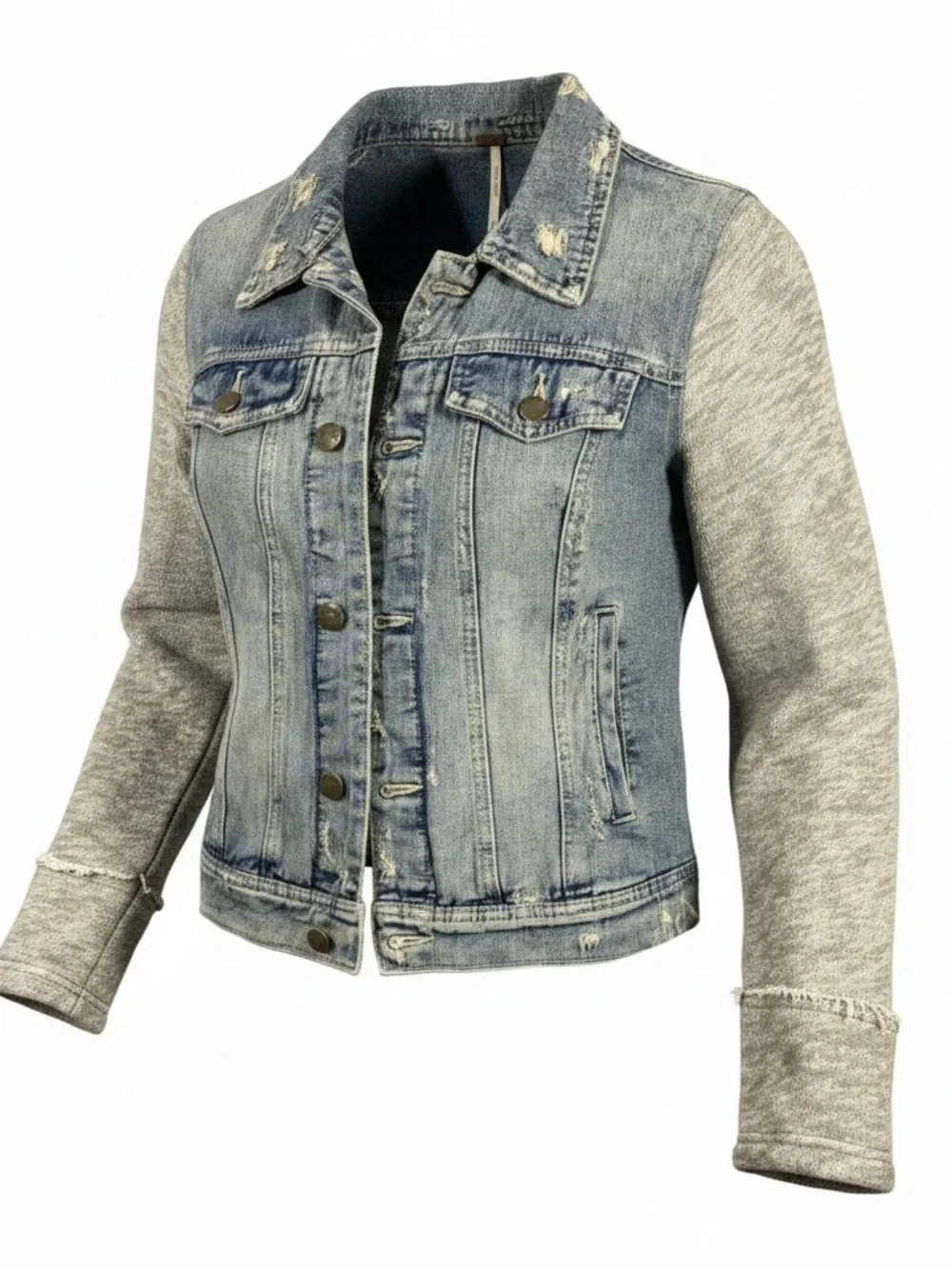 Free People Light Blue Denim Jacket with Gray Knit Sleeves - Picture 2 of 8